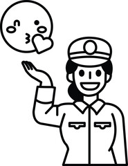 A woman in a uniform is holding a heart and smiling