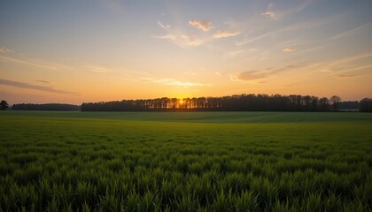 Fototapeta premium Serene Sunset Over Lush Green Field and Silhouetted Trees