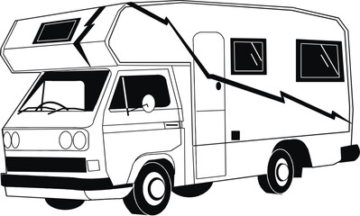RV, travel trailer, camper, motor home, line art, black and white, illustration, recreational vehicle, fifth wheel, van camper, vintage RV 3