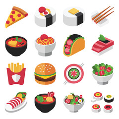 vector icons cooking food chef hat include a pizza slice, a sushi roll, spaghetti and meatballs, a curry bowl burger , fish 
