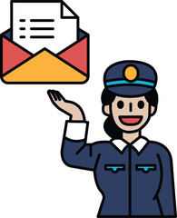 A woman in a blue uniform holding an envelope
