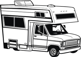 RV, travel trailer, camper, motor home, line art, black and white, illustration, recreational vehicle, fifth wheel, van camper, vintage RV02