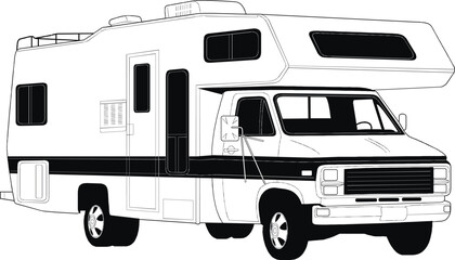 RV, travel trailer, camper, motor home, line art, black and white, illustration, recreational vehicle, fifth wheel, van camper, vintage RV 1