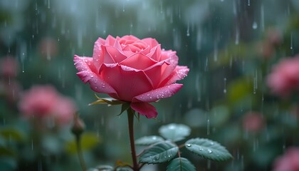 Obraz premium Pink Rose in the Rain, Romantic Garden Flower Photography, Beautiful Nature Image, Rainy Day Bloom