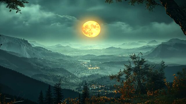 Serene moonlit landscape with mountains and trees