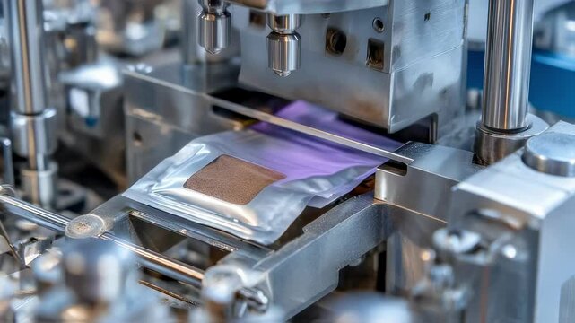 Closeup of a microscale packaging machine sealing tiny pouches filled with organic powder with the gleaming metallic seals glistening in the light.
