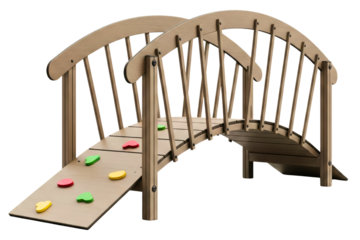 Wooden arched playground bridge with a climbing ramp isolated on a transparent background