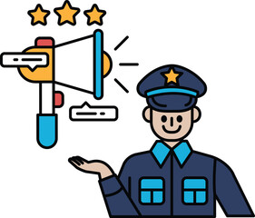 A man in a blue uniform is holding a microphone and smiling