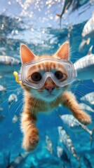 A Curious Cat Goes Underwater: An Adventurous Ginger Feline in Goggles Swimming Among Schools of Fish in a Vibrant Ocean Scene