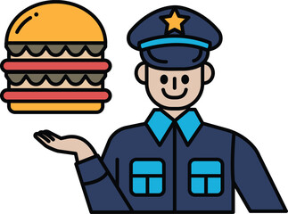 A man in a blue uniform holding a large hamburger