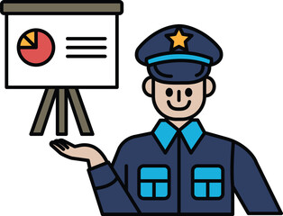 A man in a blue uniform is holding a presentation board