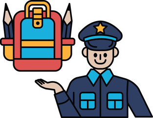 A man in a blue uniform holding a backpack and pointing to it