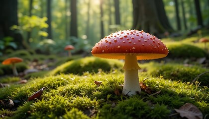 Stunning Close-Up of a Vibrant Red Fly Agaric Mushroom in a Lush Green Forest Mossy Setting