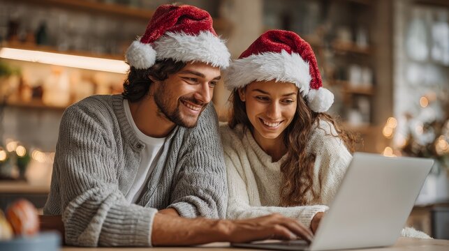a young couple is talking on a laptop - Powered by Adobe