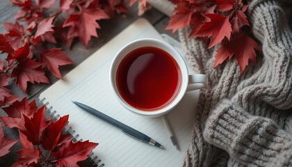 Cozy Autumn Still Life: Red Leaves, Warm Knit Sweater, Tea and Notebook