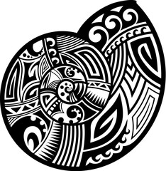 Snail shell Maori tribal animal tattoo. Vector black and white Polynesian ethnic motif. Samoan, New Zealand culture tribe sign, isolated Hawaiian warrior symbol. Traditional pacific island print