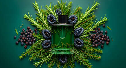 Aromatic green perfume bottle elegantly arranged with rosemary sprigs, juniper berries, and lush pine on a dark green backdrop.