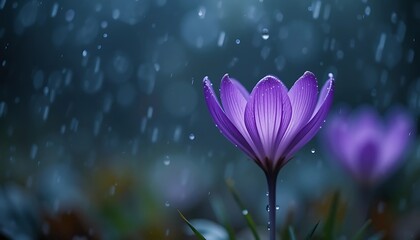 A Stunning Purple Crocus Flower in the Rain, Close-Up Macro Photography