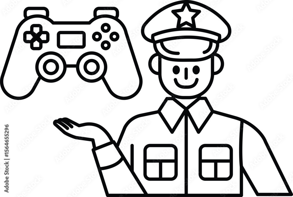 Poster a man in a uniform holding a video game controller