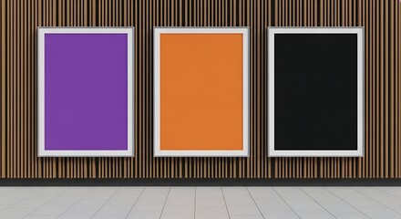Three Framed Posters with Vibrant Colors Against Wooden Slatted Wall