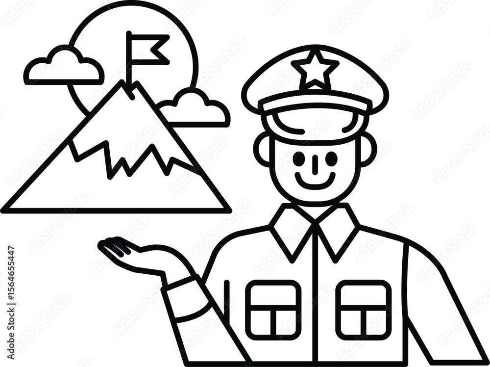 Poster a man in a uniform is holding a flag and pointing to a mountain
