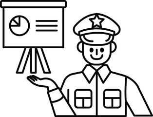 A man in a uniform is holding a presentation board