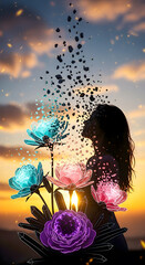 Conceptual art featuring a female silhouette with ethereal floral elements against a vibrant sunset sky