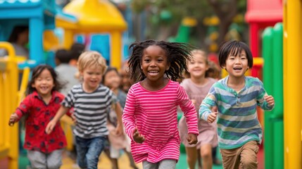 A Joyful Group of Children Playing Together and Running in a Colorful Outdoor Playground Filled with Laughter and Fun Activities
