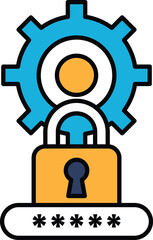 A blue and orange lock with a keyhole and a blue and orange gear