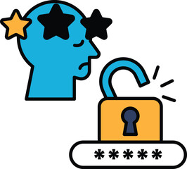 A man with a blue head and a star on it is looking at a lock with a keyhole
