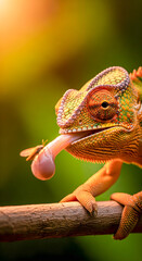 Vibrant chameleon catches prey with its tongue in a dynamic wildlife encounter on a branch against a lush green background.