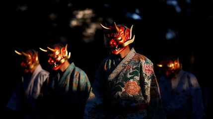Participants in bright kimono and glowing oni masks performing a night ritual during the Hannya Matsuri in Japan’s cultural festivities