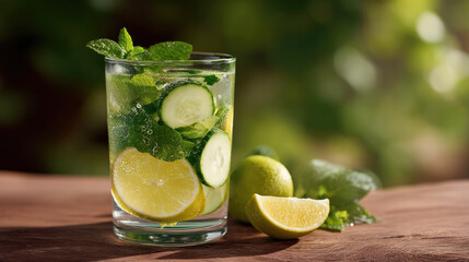 Fototapeta premium Glass of iced lemon infusion with cucumber, mint, and lime on wooden table, refreshing summer drink outdoors