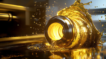 A splash of oil is pouring out of a container, creating a shiny