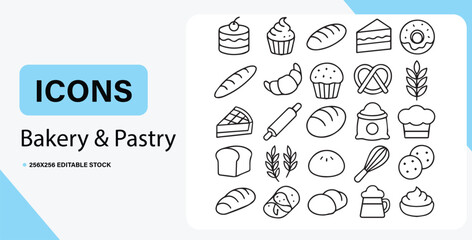 Collection of 25 bakery and pastry icons in a simple line art style