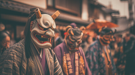 Street performance during Hannya Matsuri showcasing detailed oni masks and traditional robes in a vibrant cultural celebration in Japan