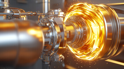 A piece of machinery with a lot of metal parts and a lot of fire