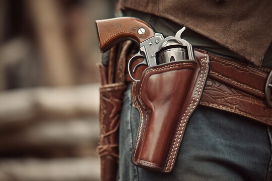 Close-up of a well-crafted leather holster that holds a partial view of a revolver, seen on a cowboys belt. The rugged setting enhances the authentic western vibe - Powered by Adobe