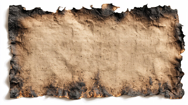 Realistic burned paper edge with uneven black and brown char marks, detailed singe patterns and curled corners, isolated on transparent background 