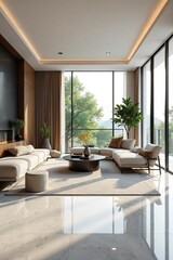 Fototapeta premium Serene Modern Living Room Sleek Marble, Minimalist Design, Abundant Natural Light