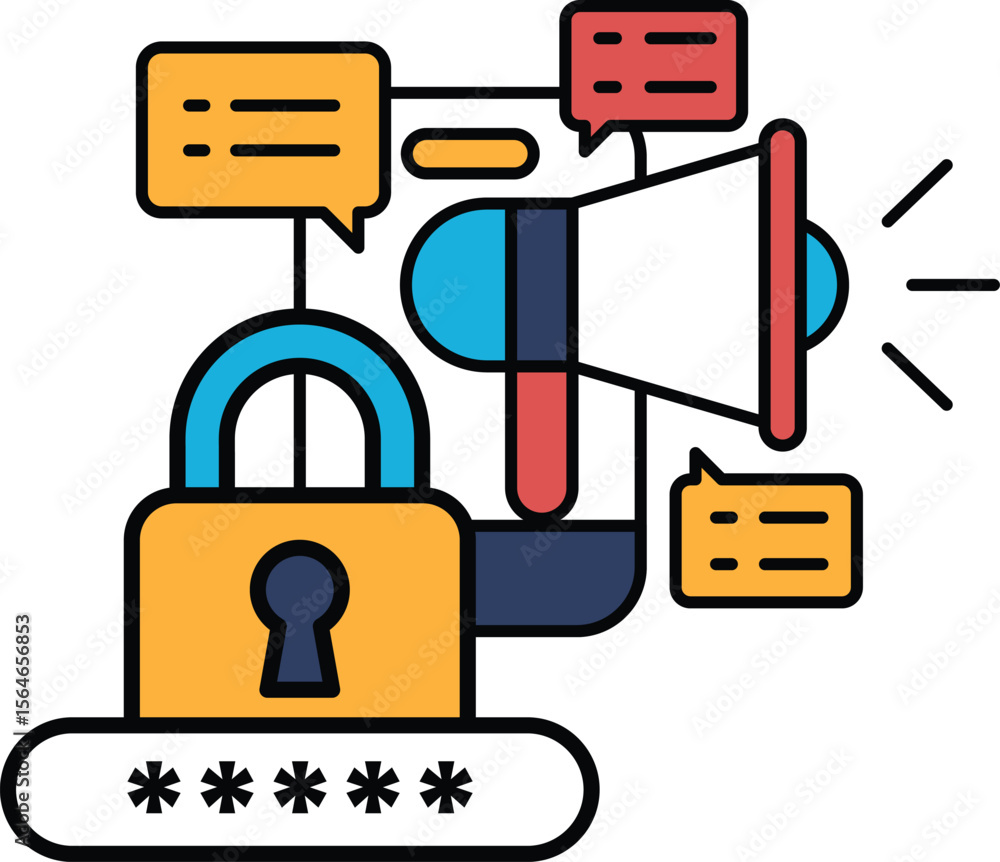 Poster a cartoon image of a lock with a key and a microphone