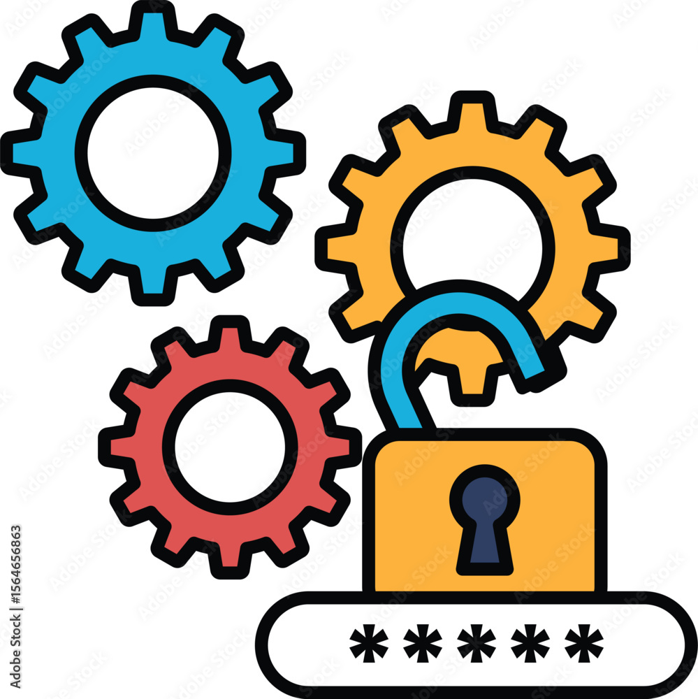 Aufkleber a graphic of a lock with a key and a series of gears