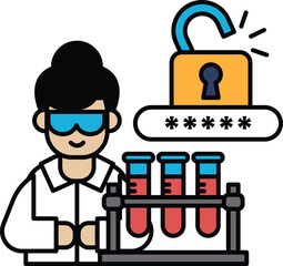 A man in a lab coat is holding a key and looking at a lock