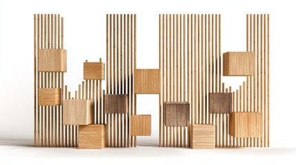 Modern wooden blocks and striped screen partition in minimalist interior design style