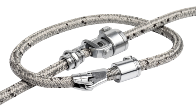 A close-up of a rope secured with metallic clamps, showcasing detailed texture and modern design. The image conveys strength and functionality, perfect for industrial themes isolated on solid white ba