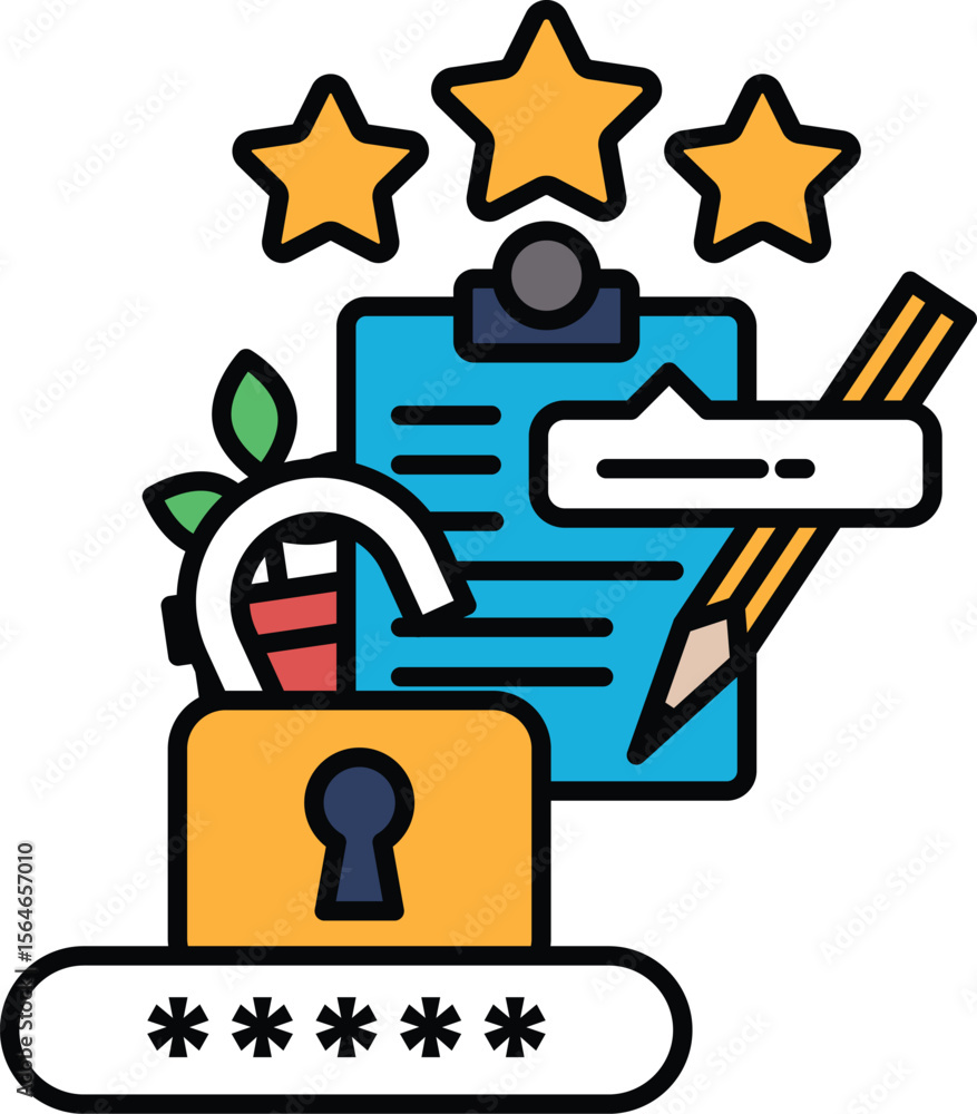 Poster a lock with a key and a pad of paper with a pencil on top of it