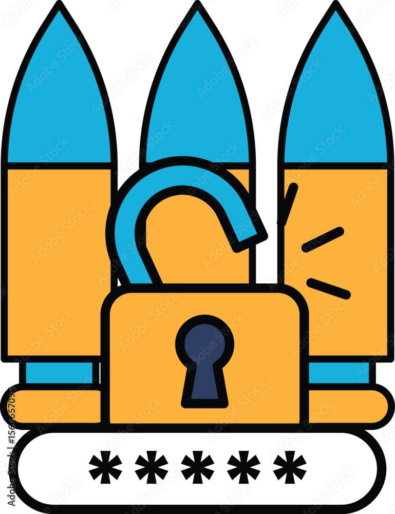 Poster a blue and yellow image of a lock with a key and three bullets in the background