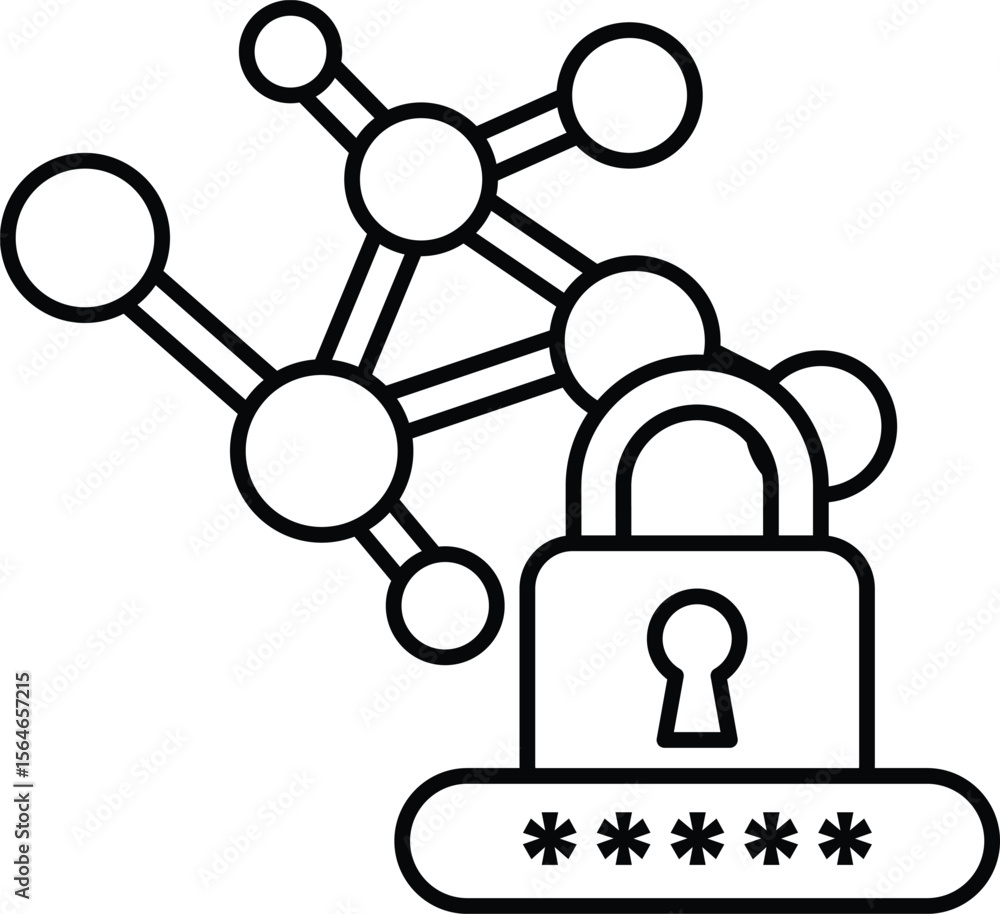Poster a black and white image of a key and lock with a chain of atoms surrounding it