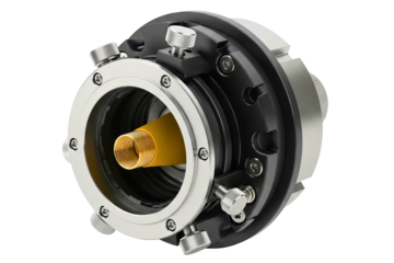 Industrial metal chuck with adjustment knobs and center pipe isolated on a transparent background