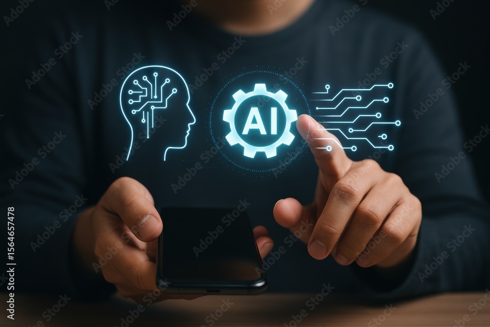 Poster digital integration: person interacts with ai icons, visualizing the seamless convergence of advance